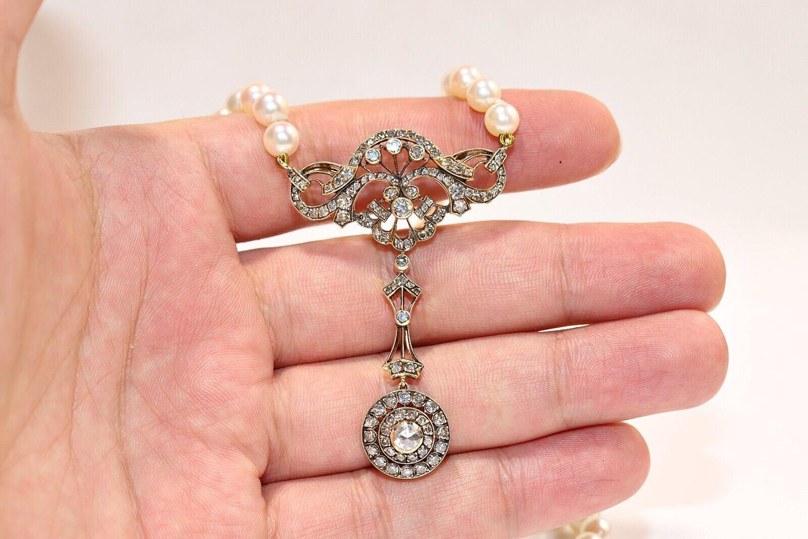 Halskette aus 14 Karat Gold mit natürlichen Diamanten und Perlen, Vintage, ca. 1960er Jahre Damen im Angebot