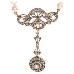 Collier vintage des années 1960 en or 14 carats avec diamants naturels et perles
