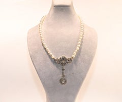 Vintage Circa 1960s 14k Gold Natural Diamond And Pearl Pendant Necklace
