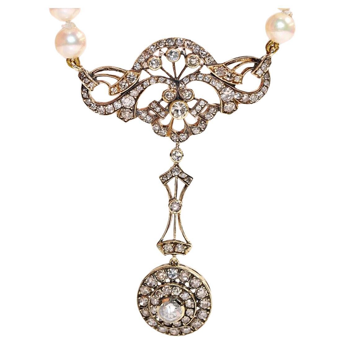 Collana con diamanti naturali e perle in oro 14k, vintage, anni '60 circa.