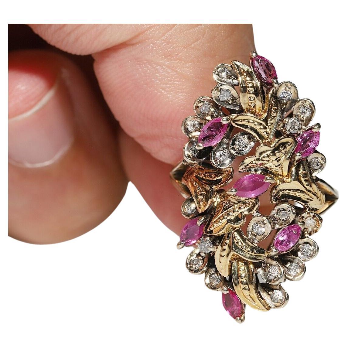 Vintage Circa 1960s 14k Gold Natural Diamond And Ruby Decorated Ring  For Sale