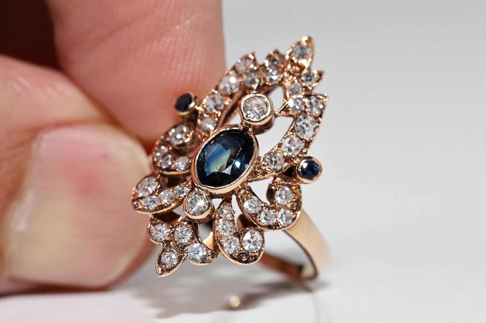 Vintage Circa 1960s 14k Gold Natural Diamond And Sapphire Decorated Navette Ring For Sale 4