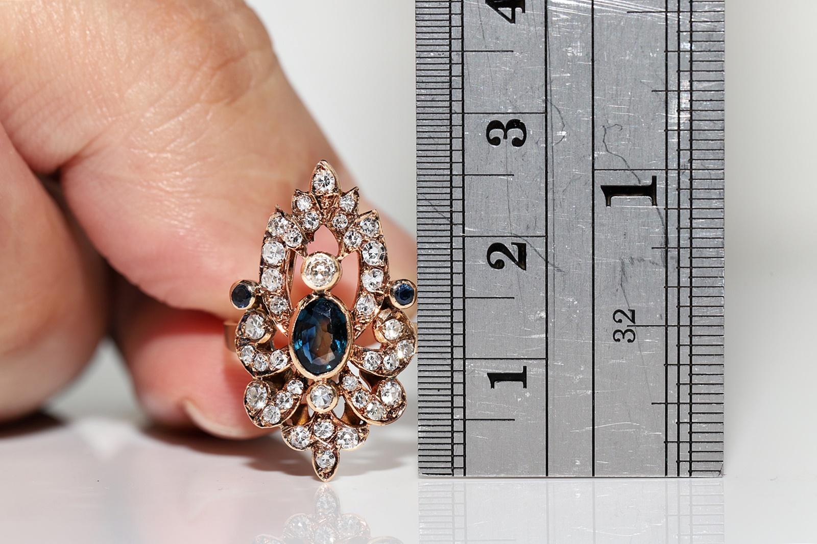 Vintage Circa 1960s 14k Gold Natural Diamond And Sapphire Decorated Navette Ring For Sale 7