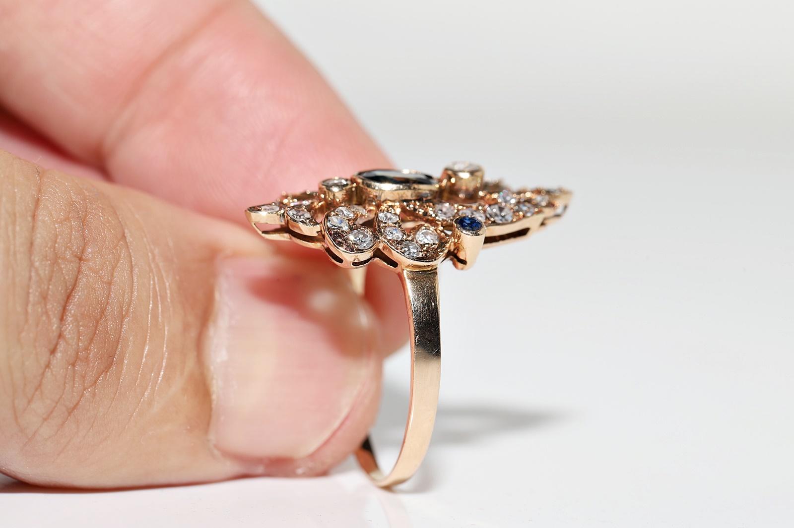 Women's Vintage Circa 1960s 14k Gold Natural Diamond And Sapphire Decorated Navette Ring For Sale