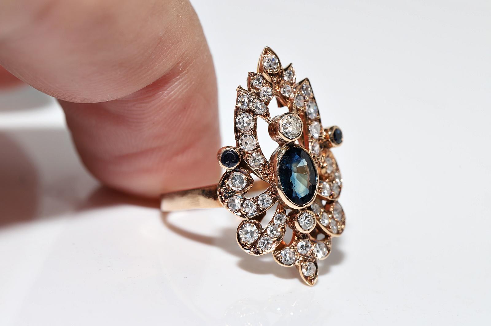 Vintage Circa 1960s 14k Gold Natural Diamond And Sapphire Decorated Navette Ring For Sale 1
