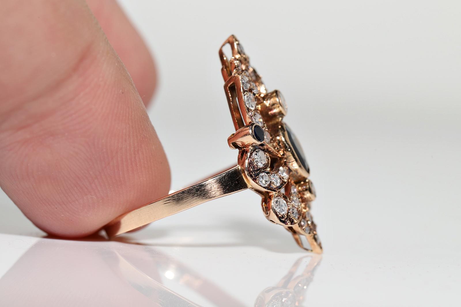 Vintage Circa 1960s 14k Gold Natural Diamond And Sapphire Decorated Navette Ring For Sale 2