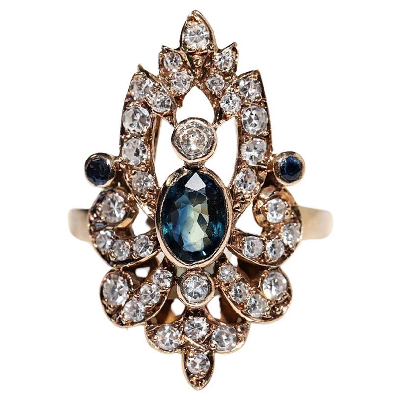 Vintage Circa 1960s 14k Gold Natural Diamond And Sapphire Decorated Navette Ring For Sale
