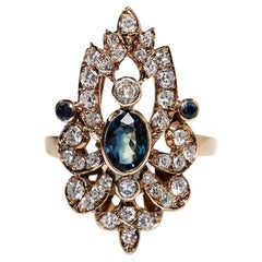 Retro Circa 1960s 14k Gold Natural Diamond And Sapphire Decorated Navette Ring
