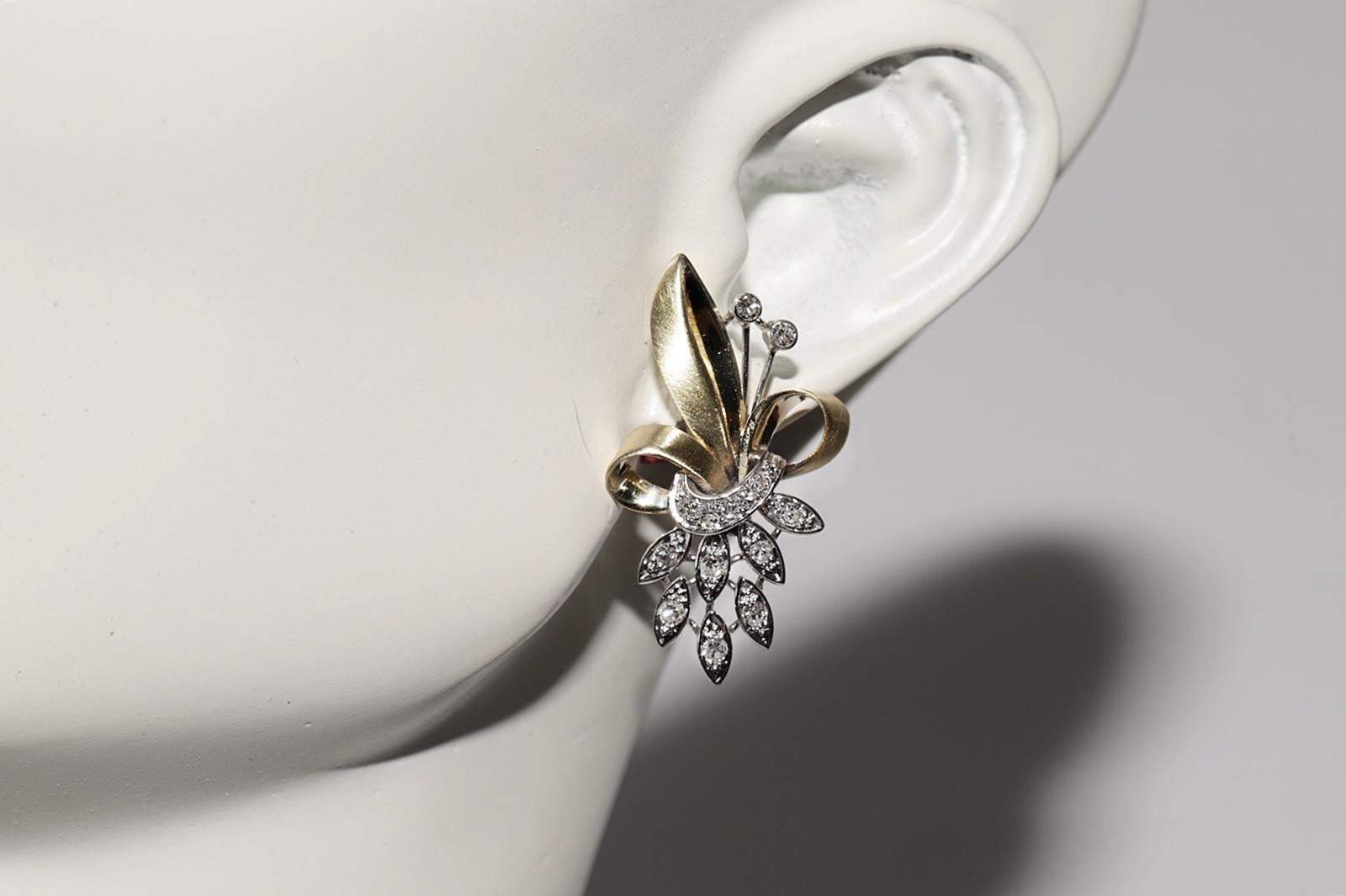 Pendiente Vintage Circa 1960s Oro 14k Diamante Natural Decorado Estilo Flores en venta 5