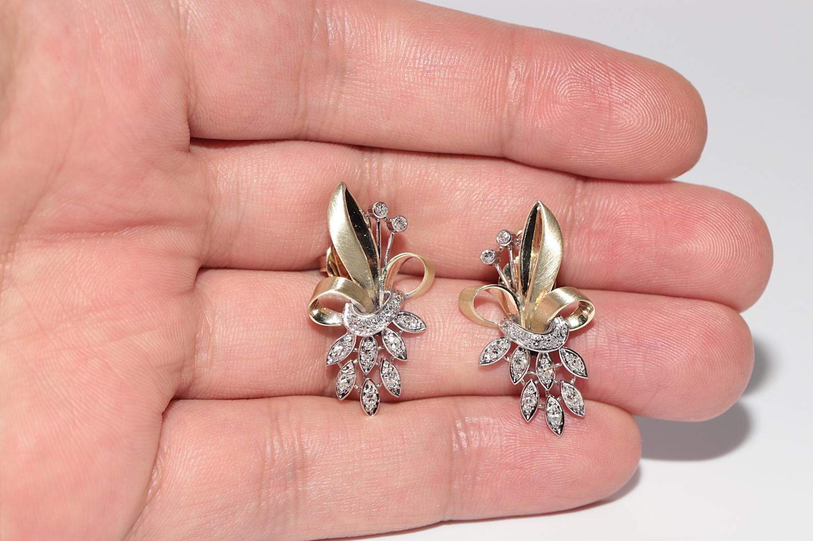 Pendiente Vintage Circa 1960s Oro 14k Diamante Natural Decorado Estilo Flores en Bueno estado para la venta en Fatih/İstanbul, 34