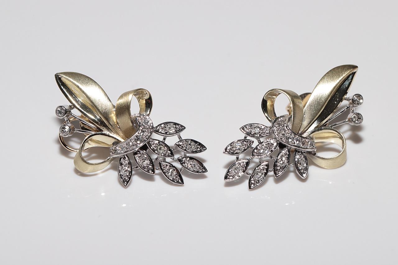 Vintage Circa 1960er Jahre 14k Gold Natürlicher Diamant-Ohrring mit verzierten Blumen im Vintage-Stil Damen im Angebot