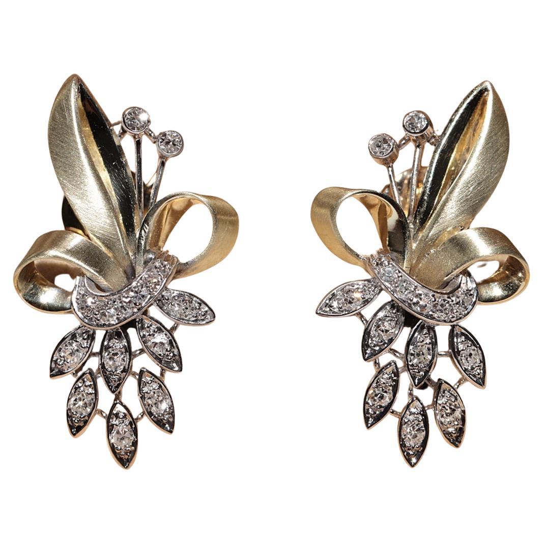 Pendiente Vintage Circa 1960s Oro 14k Diamante Natural Decorado Estilo Flores en venta