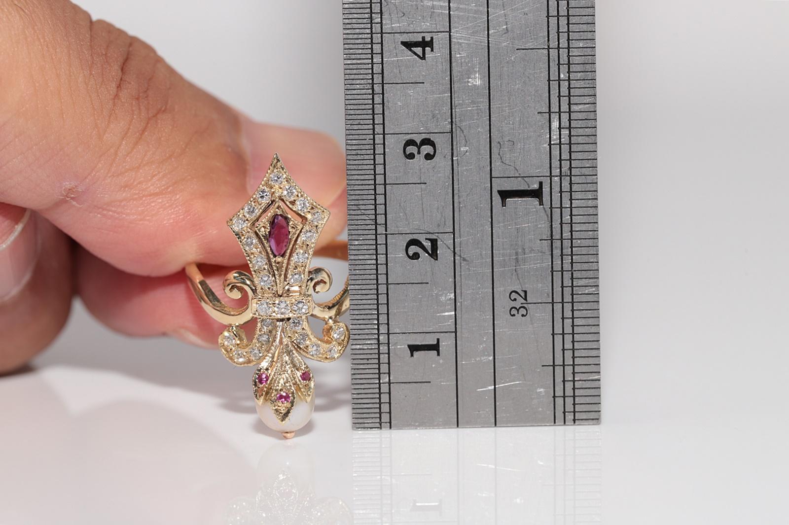 Anello Navette con diamante naturale, rubino e perla in oro 14k, CIRCA 1960 in vendita 5