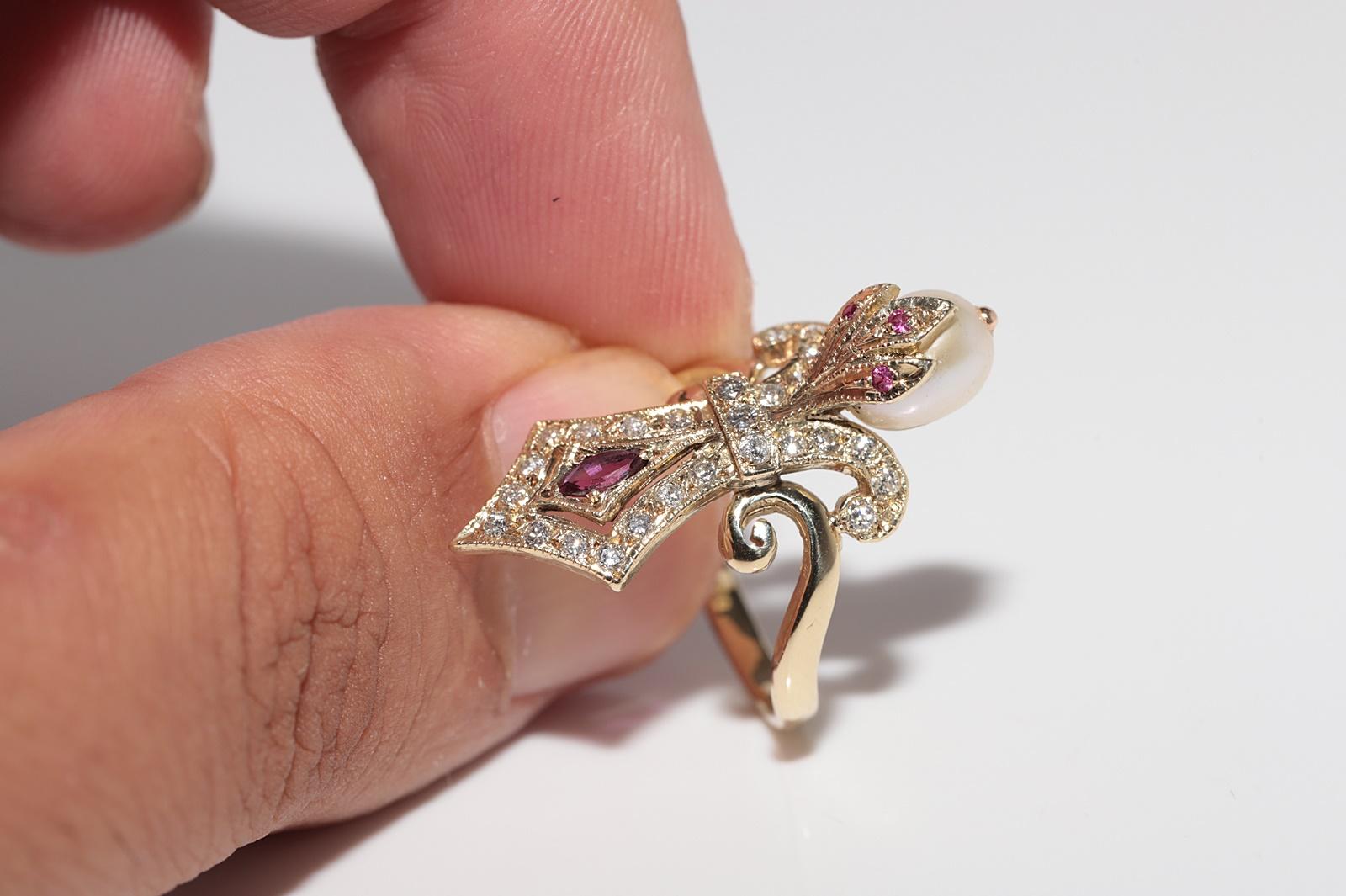 Anello Navette con diamante naturale, rubino e perla in oro 14k, CIRCA 1960 in vendita 6