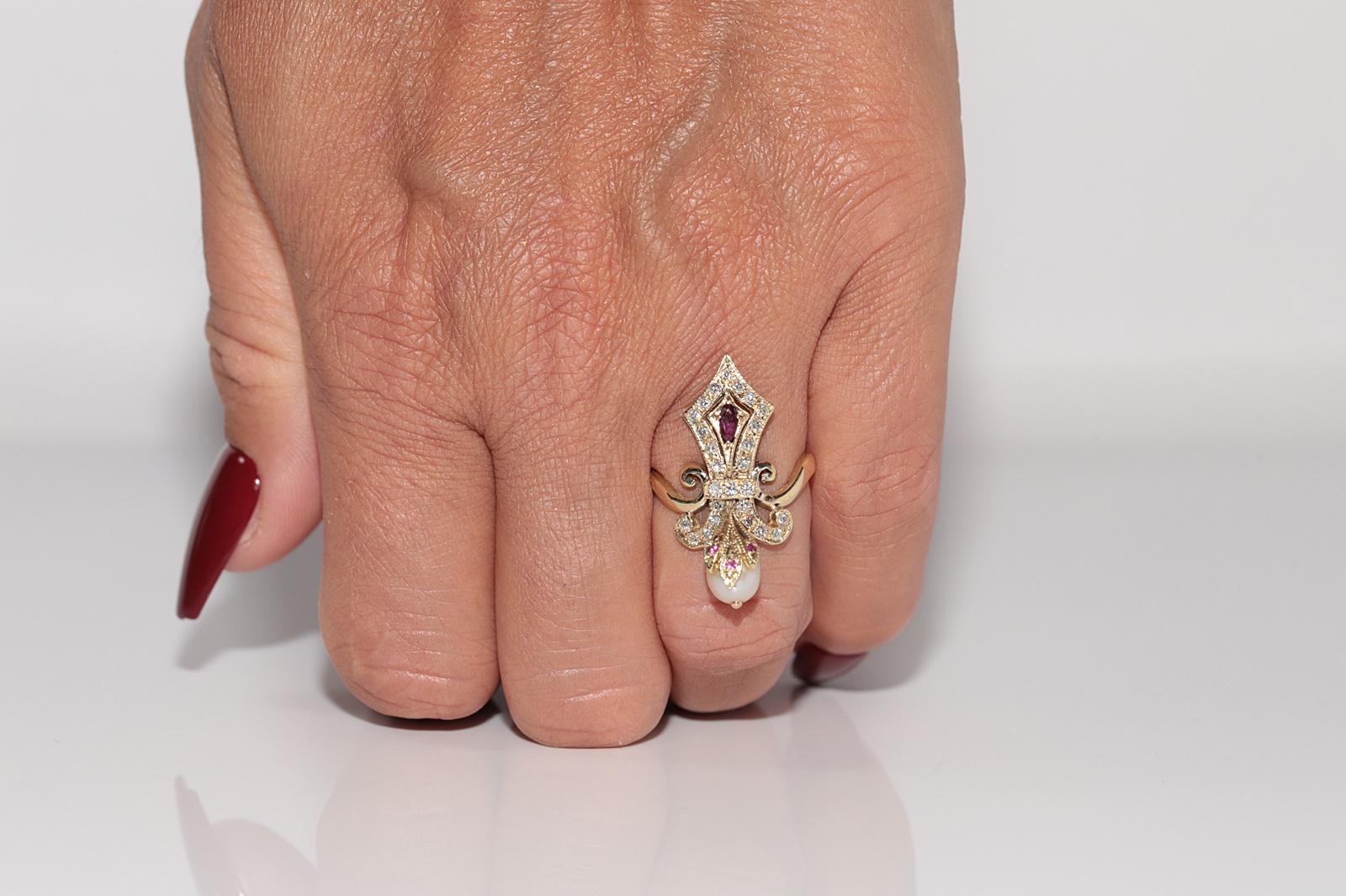 Anello Navette con diamante naturale, rubino e perla in oro 14k, CIRCA 1960 in vendita 8