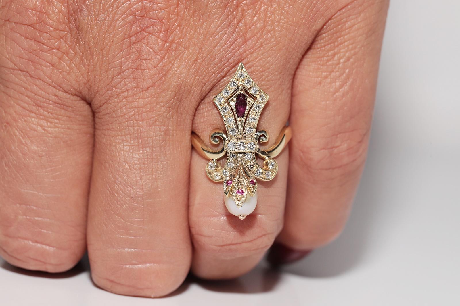 Anello Navette con diamante naturale, rubino e perla in oro 14k, CIRCA 1960 in vendita 9
