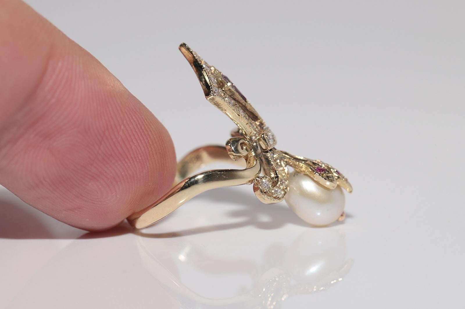 Anello Navette con diamante naturale, rubino e perla in oro 14k, CIRCA 1960 In condizioni buone in vendita a Fatih/İstanbul, 34