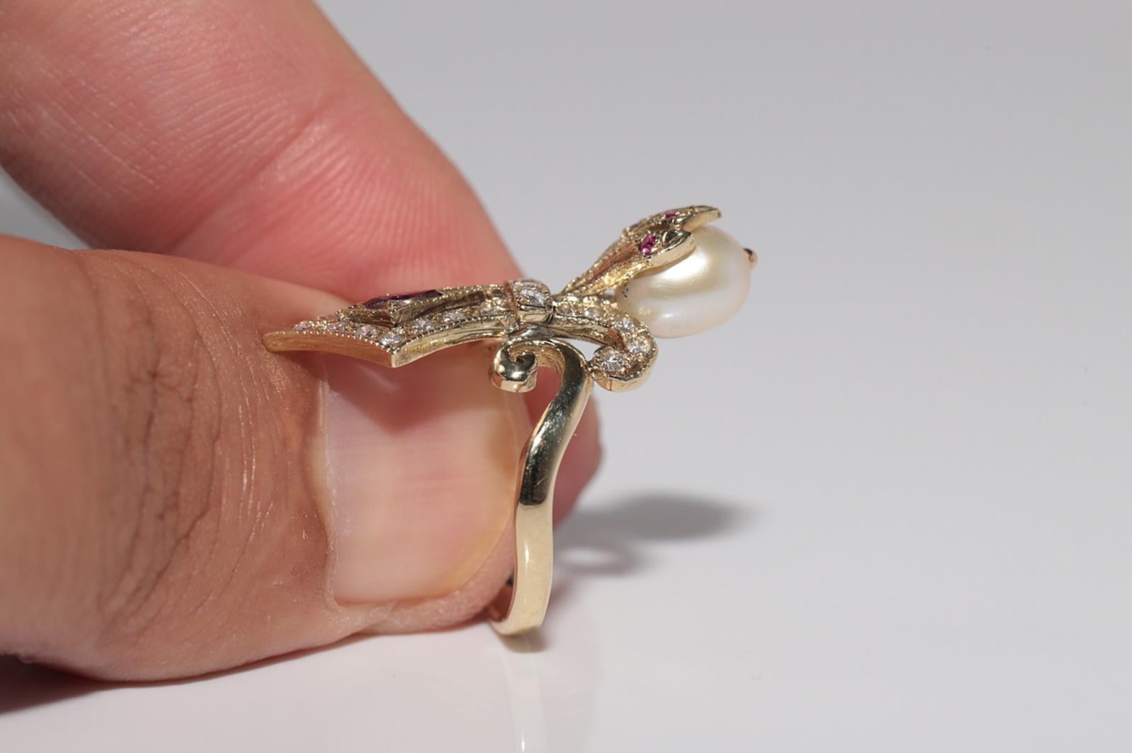 Anello Navette con diamante naturale, rubino e perla in oro 14k, CIRCA 1960 in vendita 1