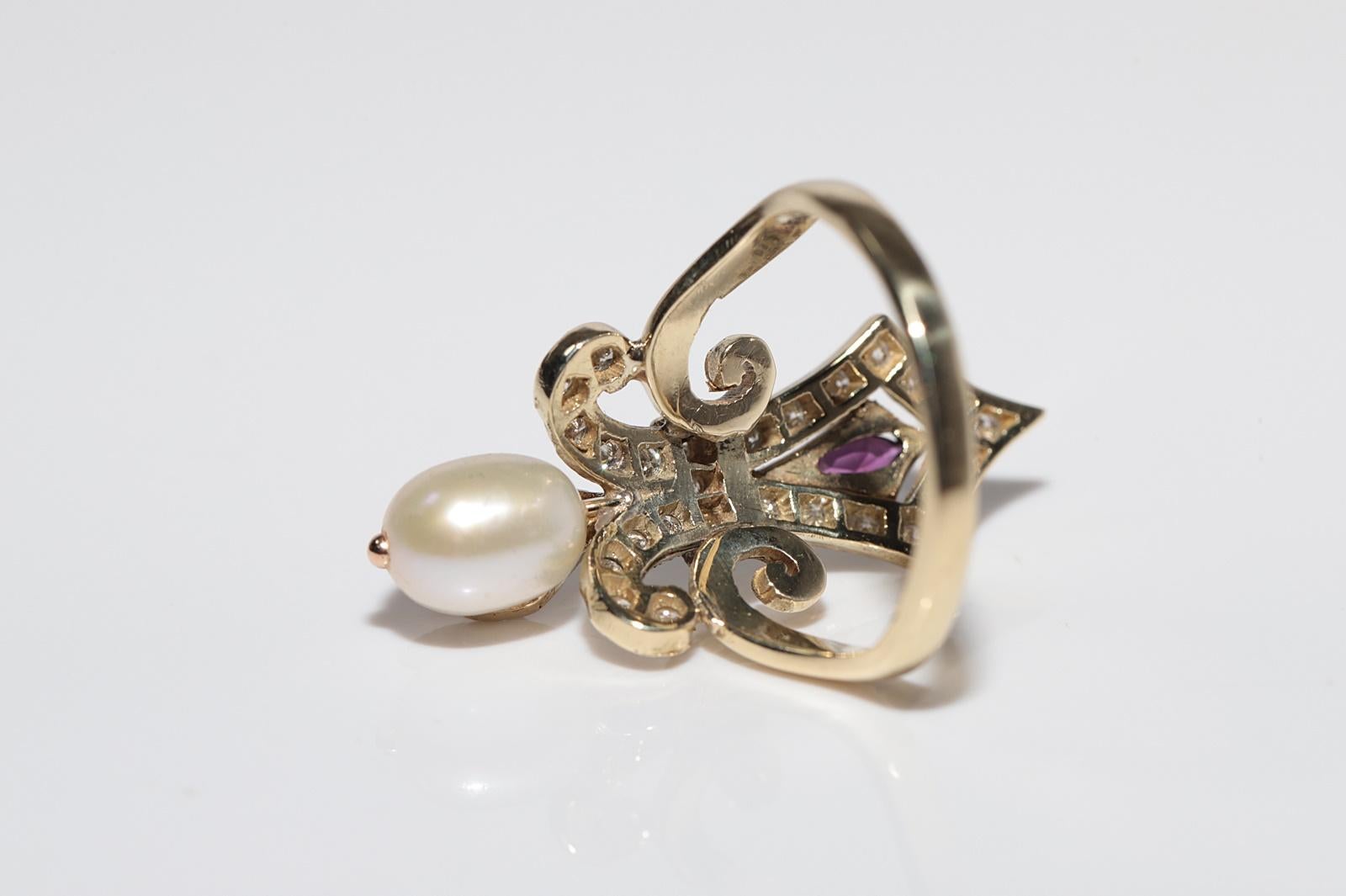 Anello Navette con diamante naturale, rubino e perla in oro 14k, CIRCA 1960 in vendita 2