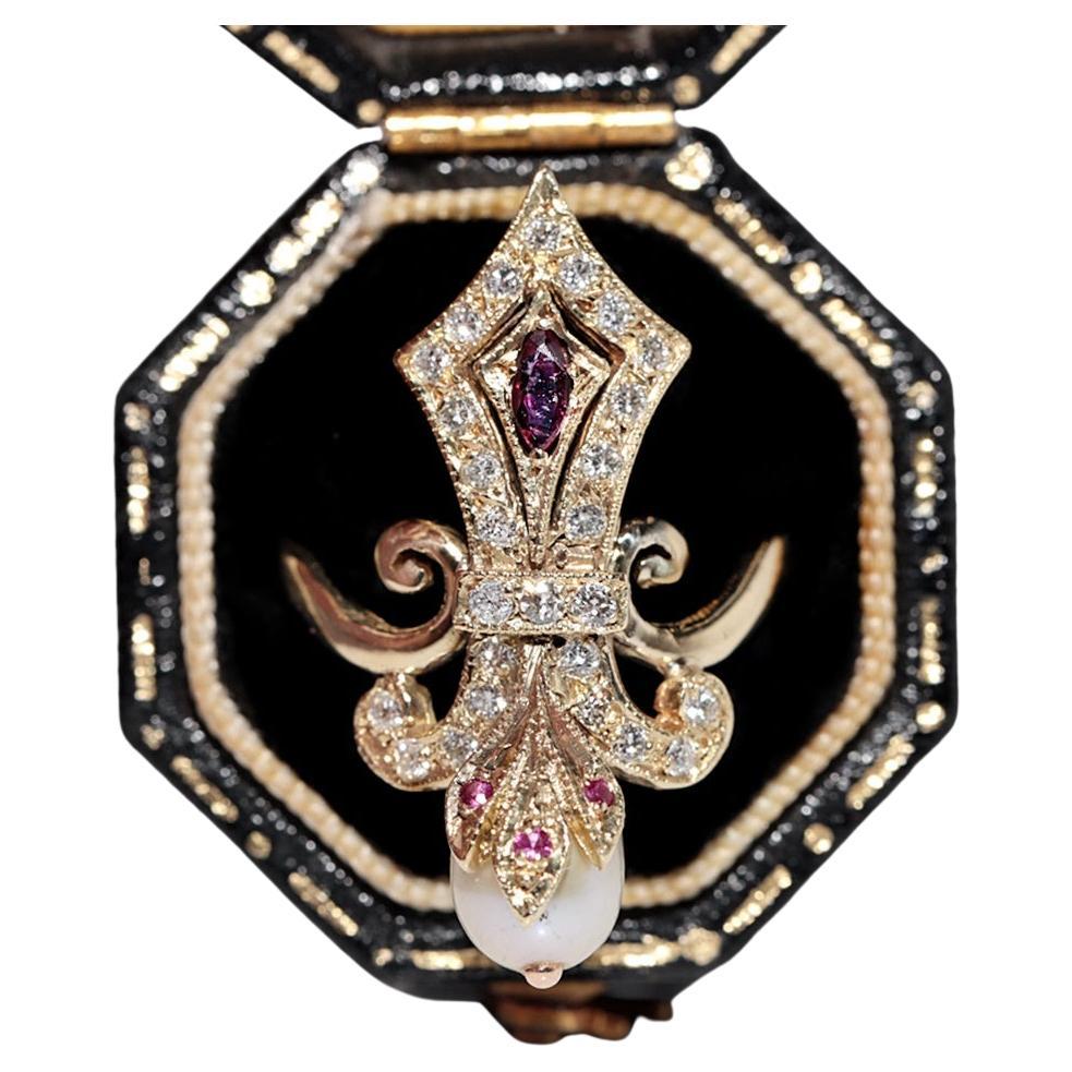 Anello Navette con diamante naturale, rubino e perla in oro 14k, CIRCA 1960 in vendita