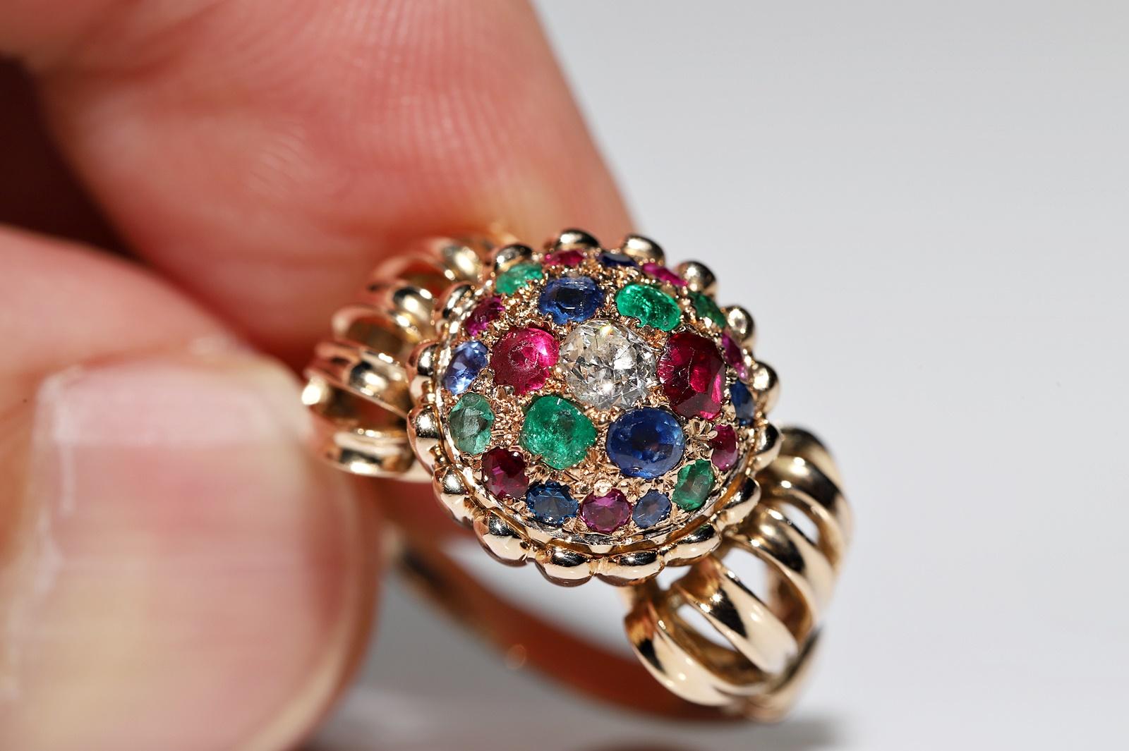 Vintage Circa 1960s 14k Gold Natural Diamond Ruby And Sapphire Emerald Ring  For Sale 1