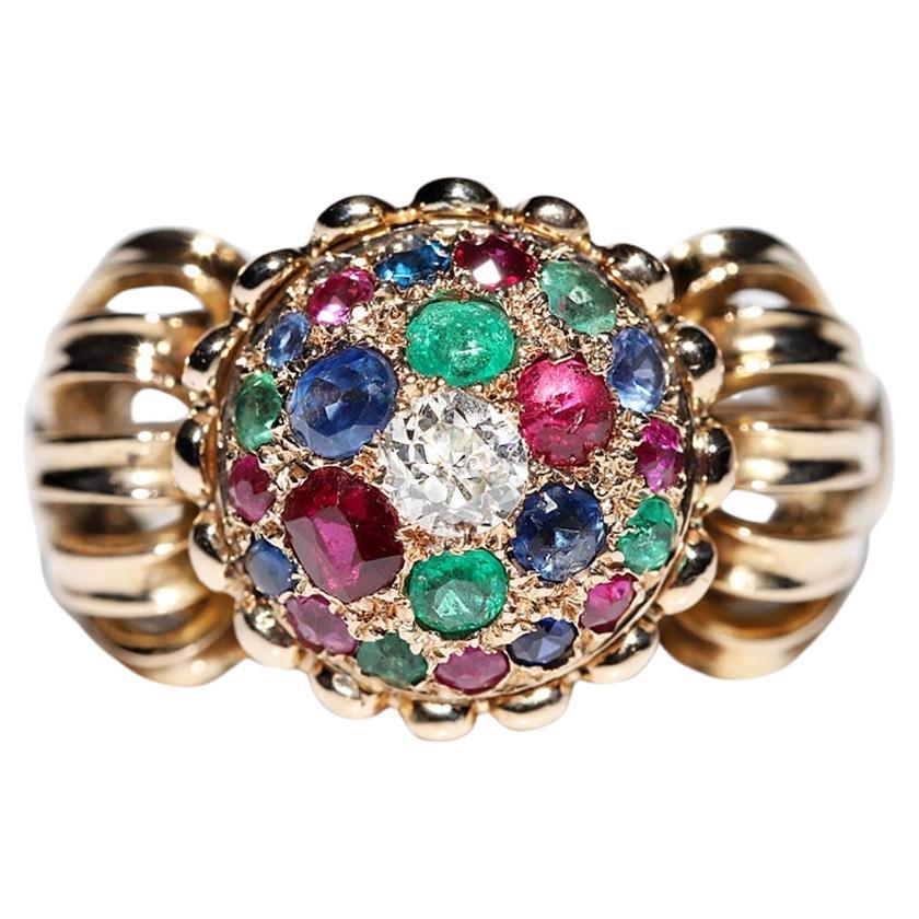 Vintage Circa 1960s 14k Gold Natural Diamond Ruby And Sapphire Emerald Ring  For Sale