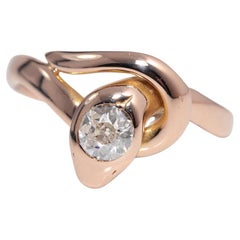 Vintage Circa 1960s 14k Gold Natural Old Cut Diamond Solitaire Snake Ring