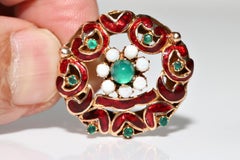 Vintage Circa 1960s 14k Gold Natural Opal And Jade Decorated Enamel Brooch