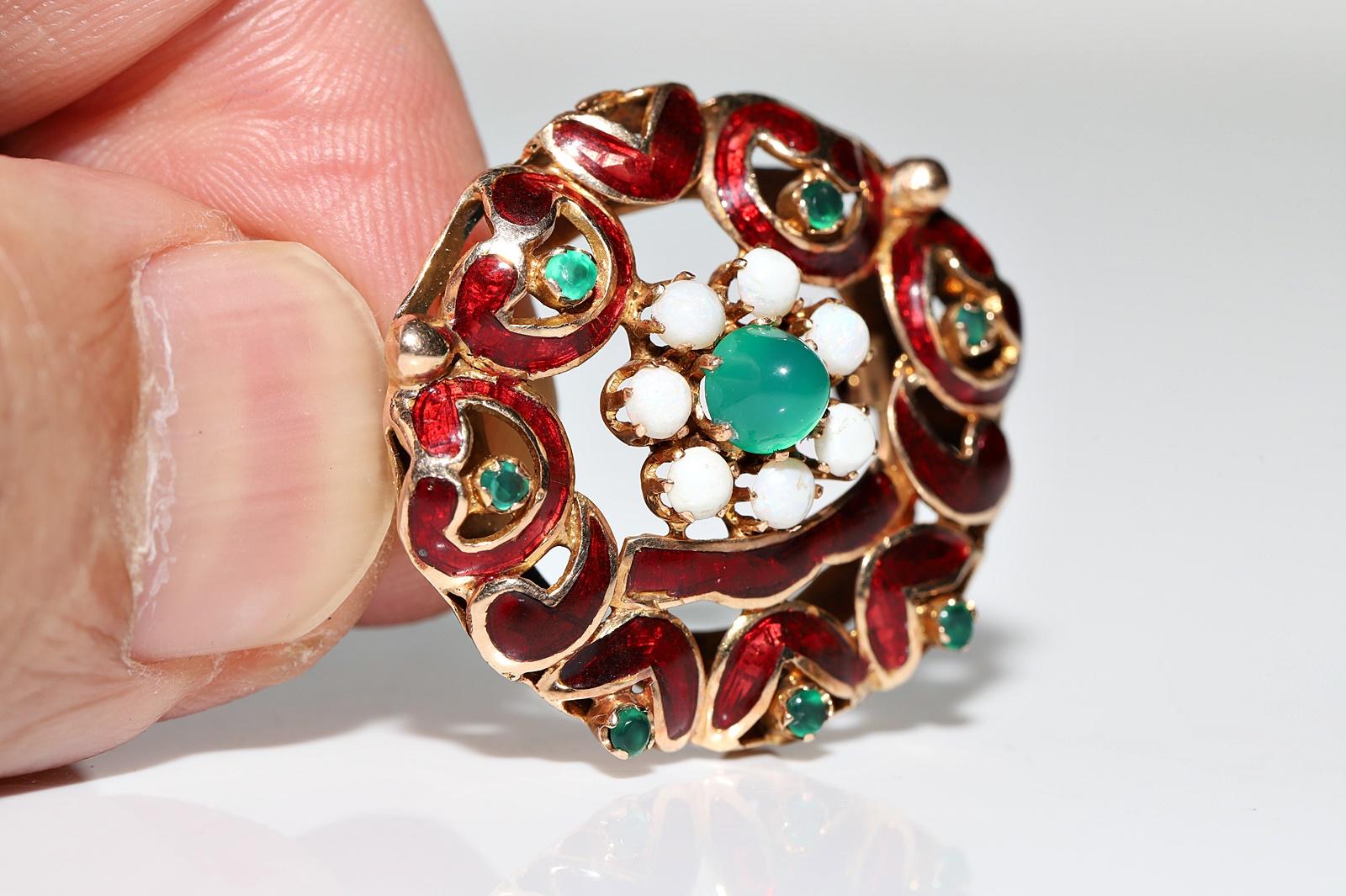 Retro Vintage Circa 1960s 14k Gold Natural Opal And Jade Decorated Enamel Brooch For Sale
