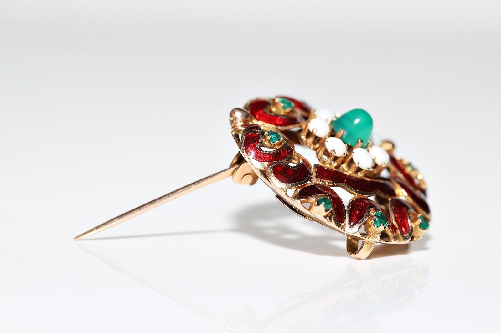 Cabochon Vintage Circa 1960s 14k Gold Natural Opal And Jade Decorated Enamel Brooch For Sale