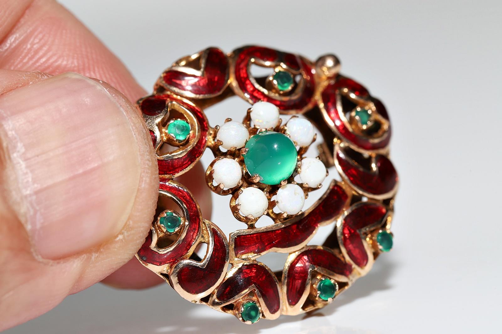 Women's Vintage Circa 1960s 14k Gold Natural Opal And Jade Decorated Enamel Brooch For Sale