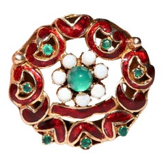 Vintage Circa 1960s 14k Gold Natural Opal And Jade Decorated Enamel Brooch