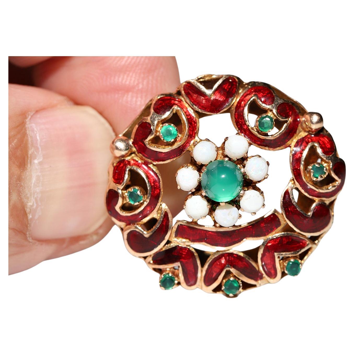Vintage Circa 1960s 14k Gold Natural Opal And Jade Decorated Enamel Brooch For Sale