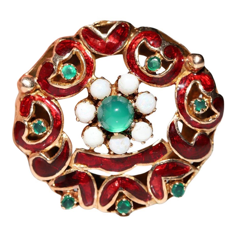 Broche vintage circa años 60 de oro de 14 quilates con ópalo natural y jade decorado con esmalte