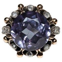 Retro Circa 1960s 14k Gold Natural Rose Cut Diamond And Amethyst Ring