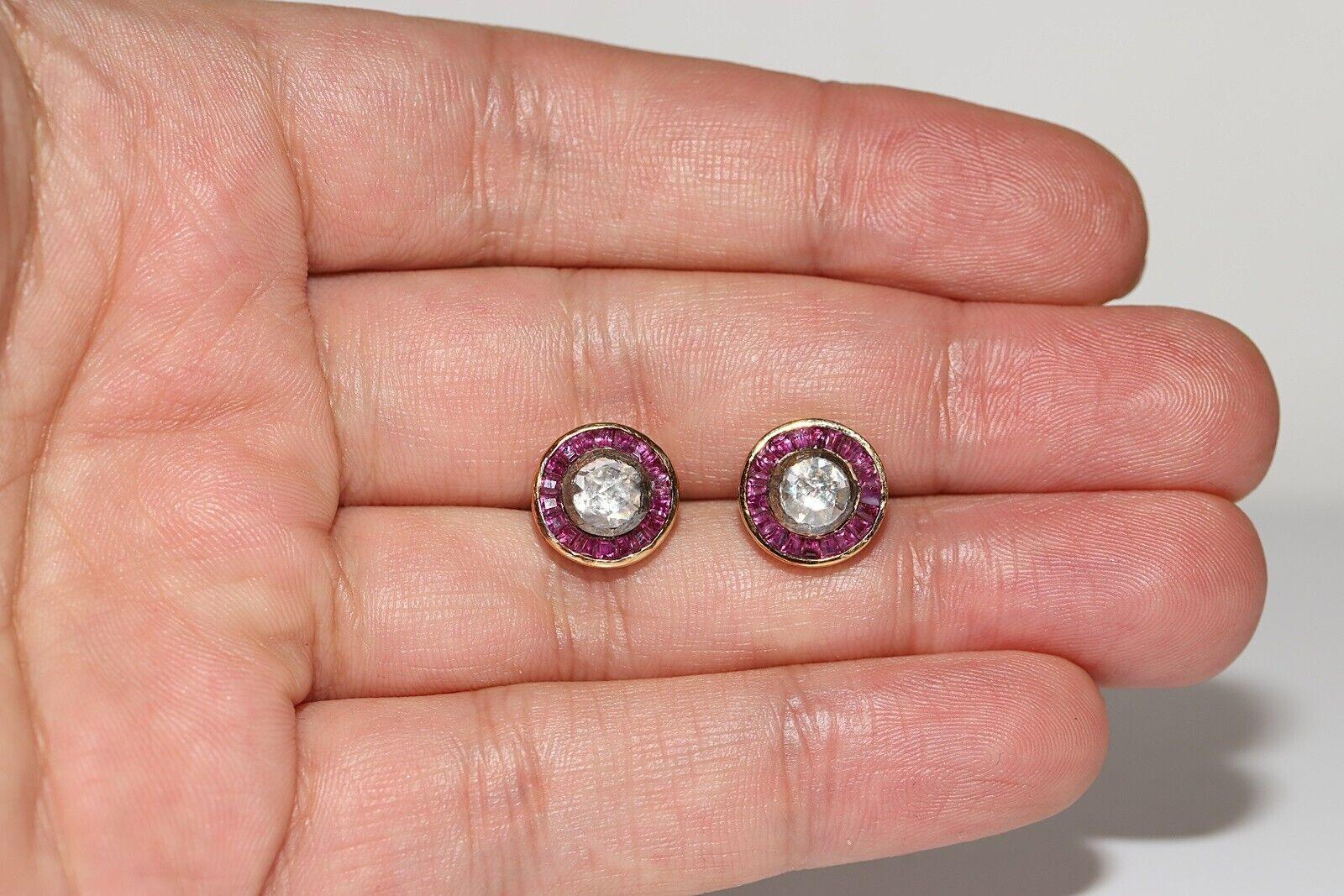 Vintage Circa 1960s 14k Gold Natural Rose Cut diamond And Caliber Ruby Earring For Sale 7