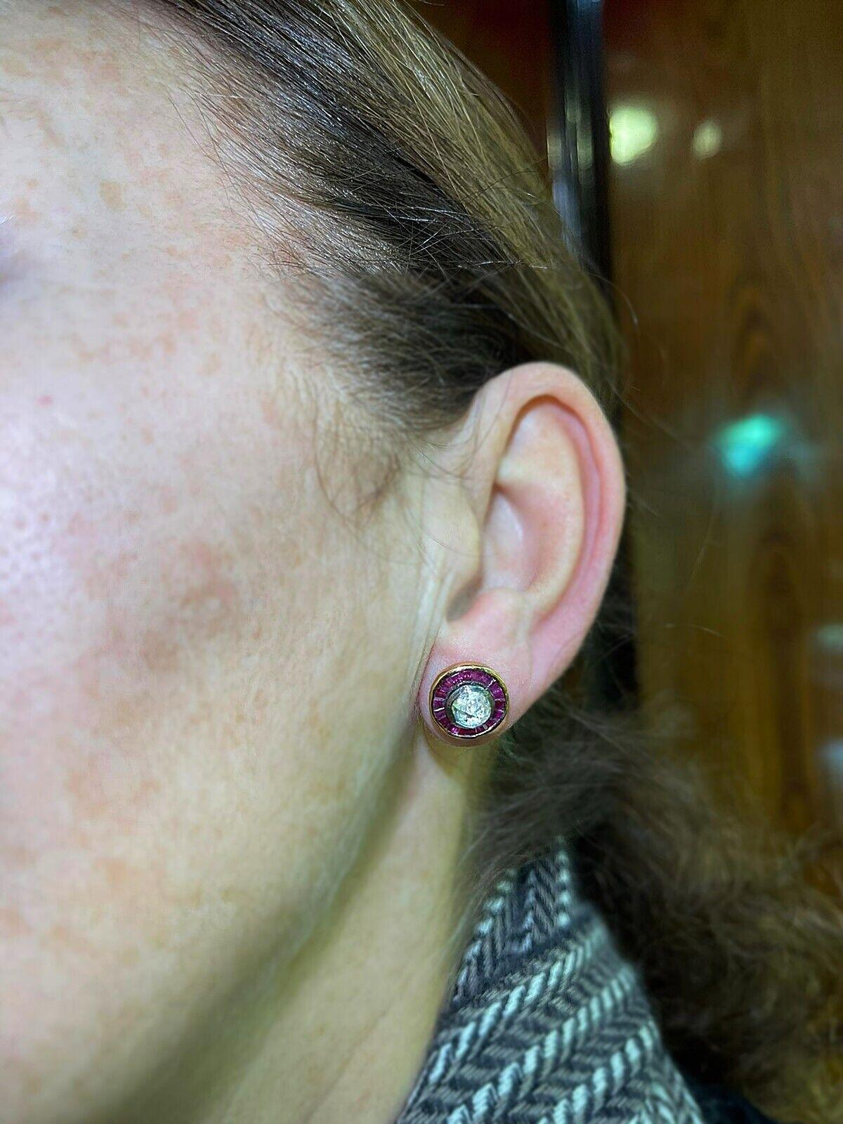 Vintage Circa 1960s 14k Gold Natural Rose Cut diamond And Caliber Ruby Earring For Sale 8