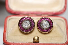 Vintage Circa 1960er Jahre 14k Gold Natürlicher Diamant im Rosenschliff und Kaliber Rubin Ohrring