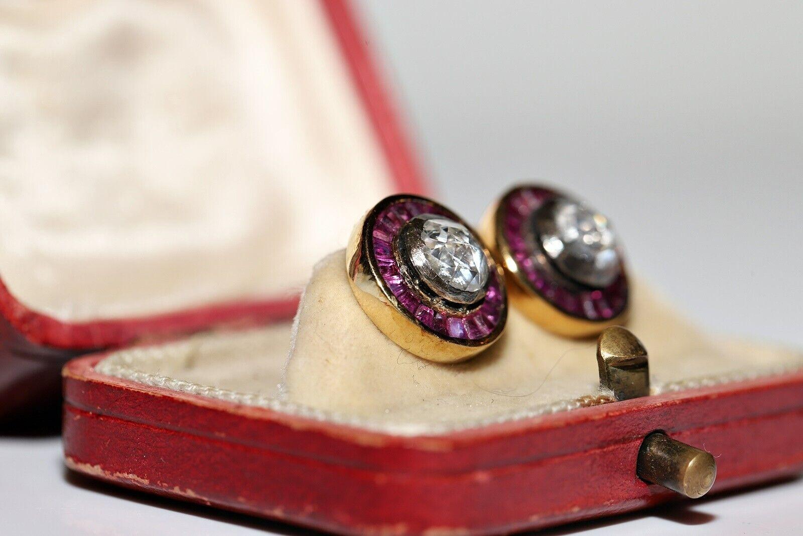 Retro Vintage Circa 1960s 14k Gold Natural Rose Cut diamond And Caliber Ruby Earring For Sale
