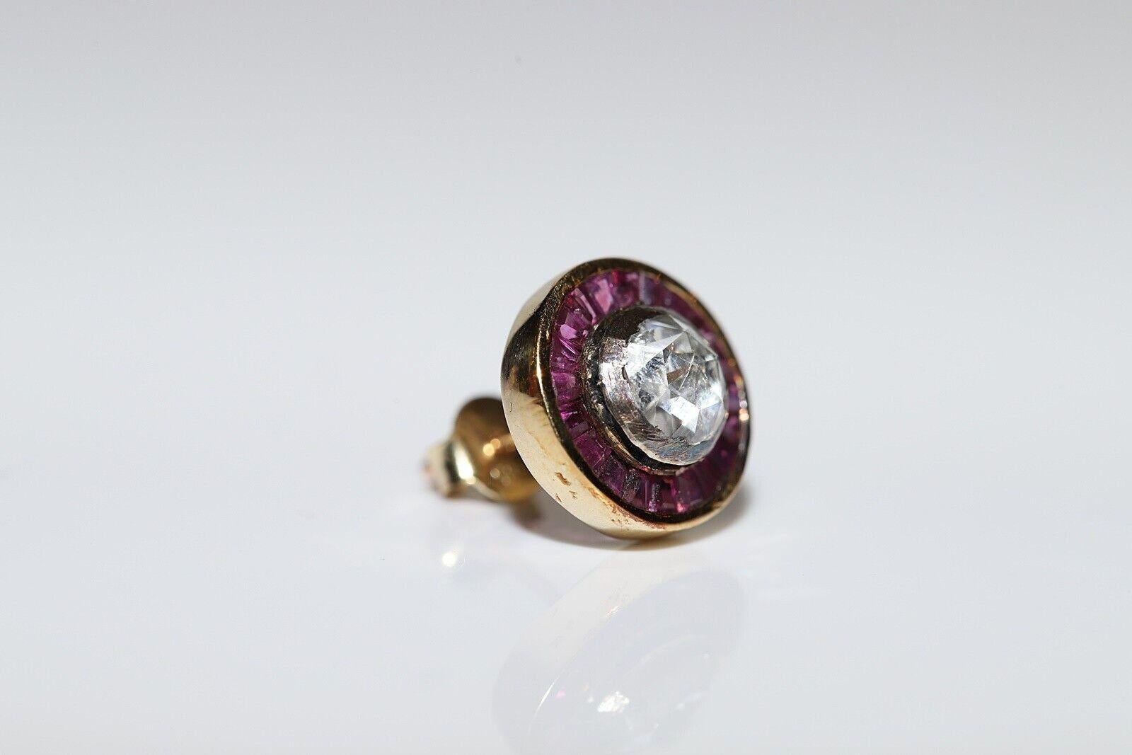 Women's Vintage Circa 1960s 14k Gold Natural Rose Cut diamond And Caliber Ruby Earring For Sale