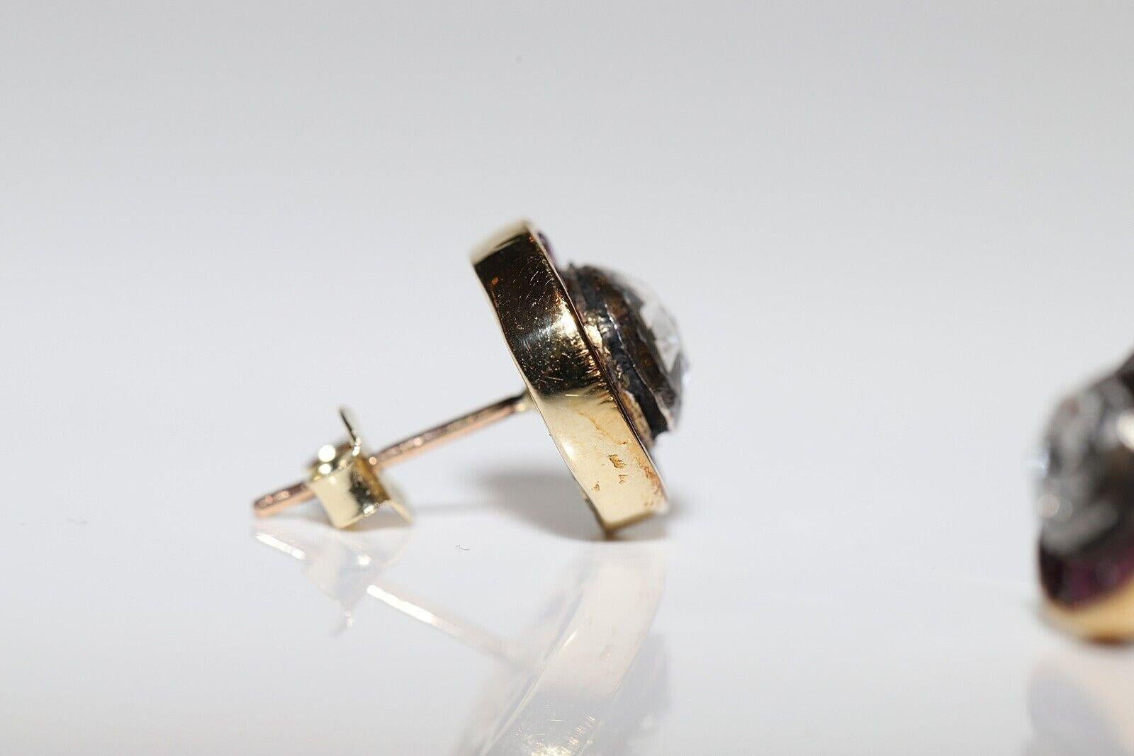 Vintage Circa 1960s 14k Gold Natural Rose Cut diamond And Caliber Ruby Earring For Sale 1