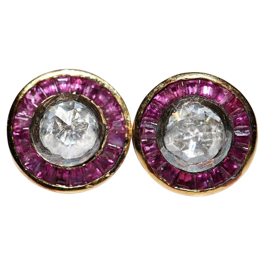 Vintage Circa 1960s 14k Gold Natural Rose Cut diamond And Caliber Ruby Earring For Sale