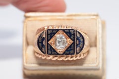 Vintage Circa 1960s 14k Gold Natural Rose Cut Diamond Decorated Enamel Ring