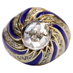 Vintage Circa 1960s 14k Gold Natural Rose Cut Diamond Decorated Enamel Ring