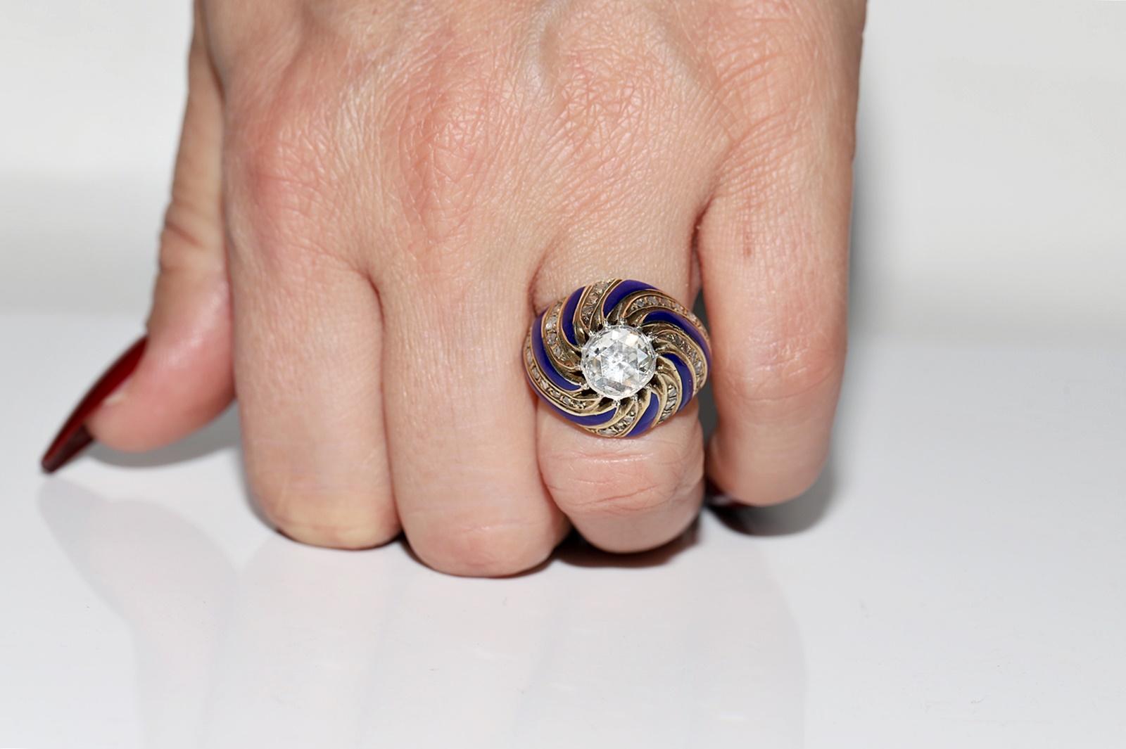 Vintage CIRCA 1960er Jahre 14k Gold natürlichen Rosenschliff Diamant verziert Emaille Ring im Zustand „Gut“ im Angebot in Fatih/İstanbul, 34