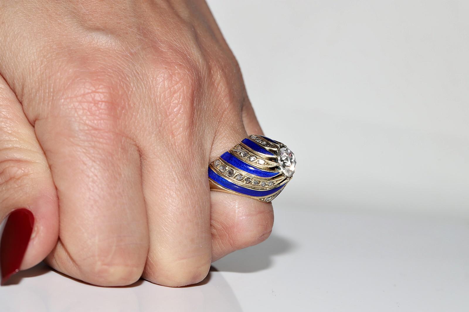 Vintage CIRCA 1960er Jahre 14k Gold natürlichen Rosenschliff Diamant verziert Emaille Ring Damen im Angebot