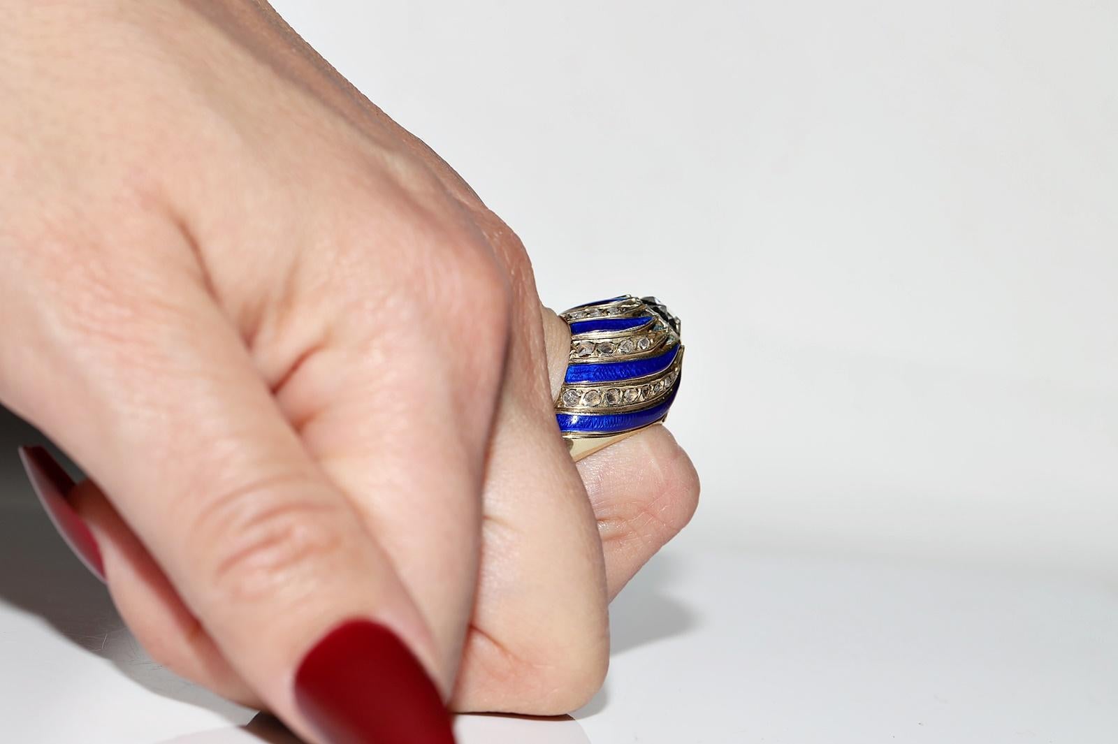 Vintage CIRCA 1960er Jahre 14k Gold natürlichen Rosenschliff Diamant verziert Emaille Ring im Angebot 1