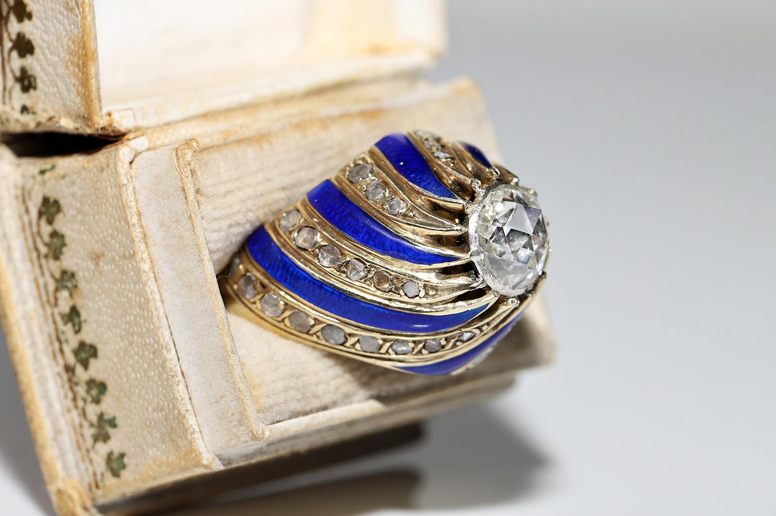 Vintage CIRCA 1960er Jahre 14k Gold natürlichen Rosenschliff Diamant verziert Emaille Ring im Angebot 2