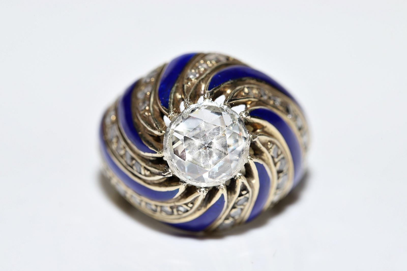 Vintage CIRCA 1960er Jahre 14k Gold natürlichen Rosenschliff Diamant verziert Emaille Ring im Angebot 3