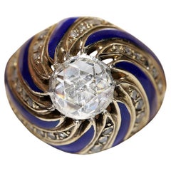 Vintage Circa 1960s 14k Gold Natural Rose Cut Diamond Decorated Enamel Ring